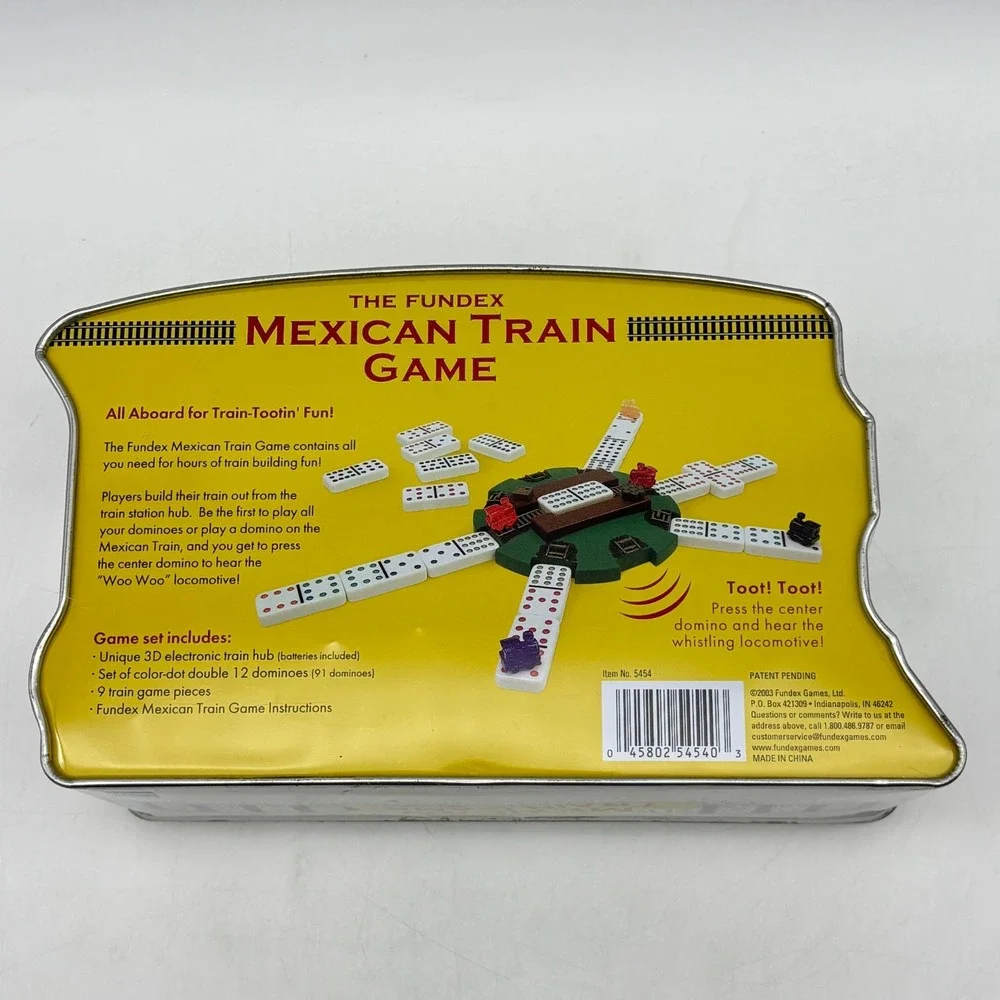 Mexican Train Game COMPLETE Fundex 2003 Metal Tin Tiles Electronic Hub Dominoes